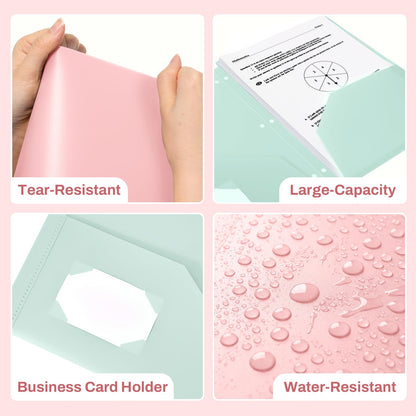 SUNEE 3 Hole Pocket Folders (12 Pack, Pastel Color) Plastic Pocket Folders for 3 Ring Binder, 3-Hole Punched Folders with Pockets, for Kids, Students, Teachers, Office Staff