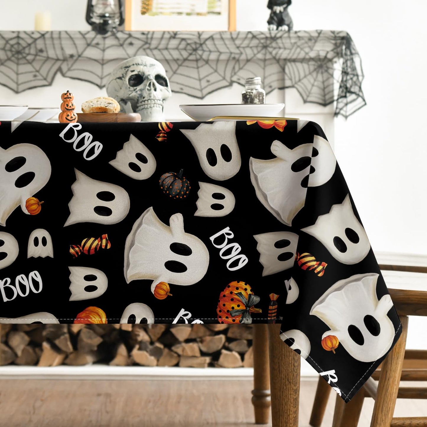 Horaldaily Halloween Tablecloth 60×104 Inch Rectangular, Black Ghost Pumpkin Candy Washable Seasonal Table Cover for Party Picnic Dinner Decor