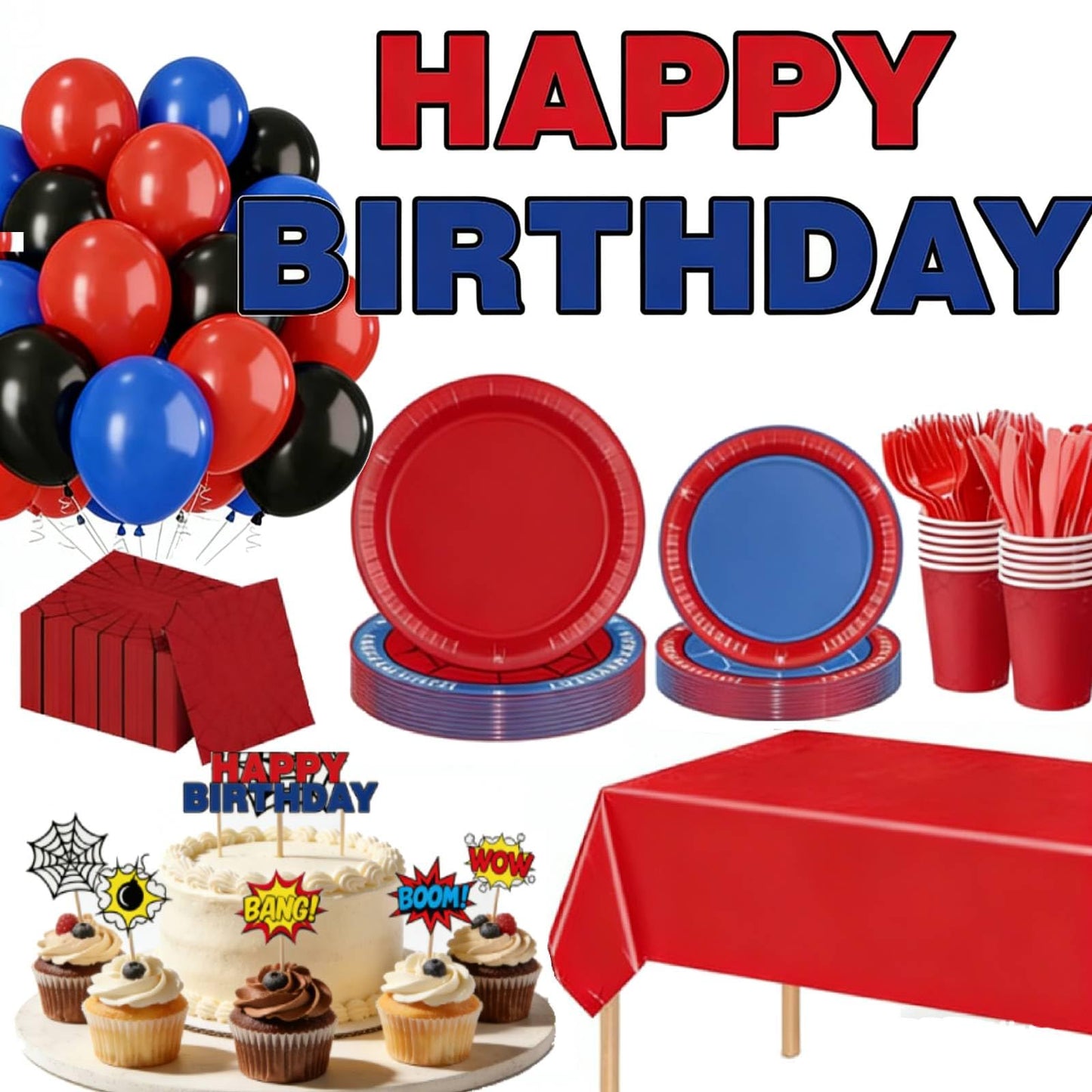 202Pcs Spider Birthday Decorations Party Supplies, Includes Plates Napkins Cups Cutlery Banner Balloons Cake Toppers, Serve 24