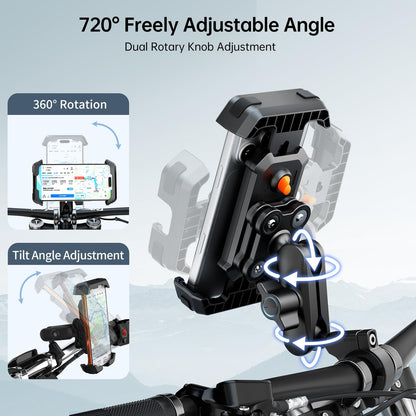SEAJIC Motorcycle Phone Mount with Vibration Dampener & Security Lock, 720° Adjustable Bike Phone Holder Handlebar, Anti-Theft Motorcycle Phone Holder for iPhone 17/16/15/14/13 Series, 4.5-6.8" Phones