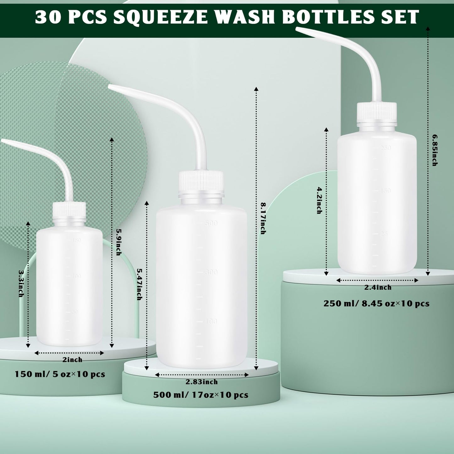 Dandat 30 Pcs Tattoo Squeeze Bottle, Lab Wash Bottle Plastic Safety Water Squirt Lash Rinse Cleaning Succulent Watering Irrigation Bottles for Indoor Plants (150ml，250ml，500ml,White)