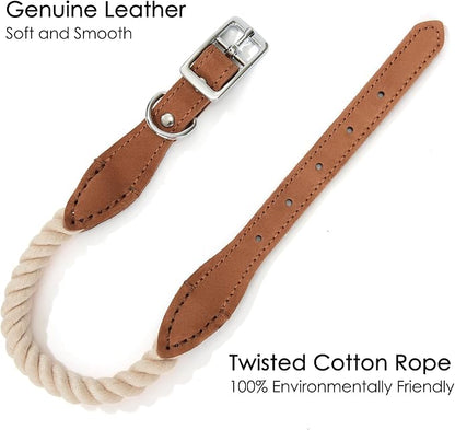 Mile High Life Genuine Leather Dog Collar, Durable Braided Cotton Rope Collar with Metal Pin Buckle for Small Medium Large Dogs (Beige, L Neck 17"-21")