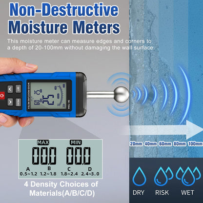 Moisture Meter, Wood Moisture Meter Rechargeable for Drywall Measurement, Pinless Moisture Meter with 20-100mm Measuring Depth for Detecting Humidity Level in Walls, Lumber, Masonry (Blue)