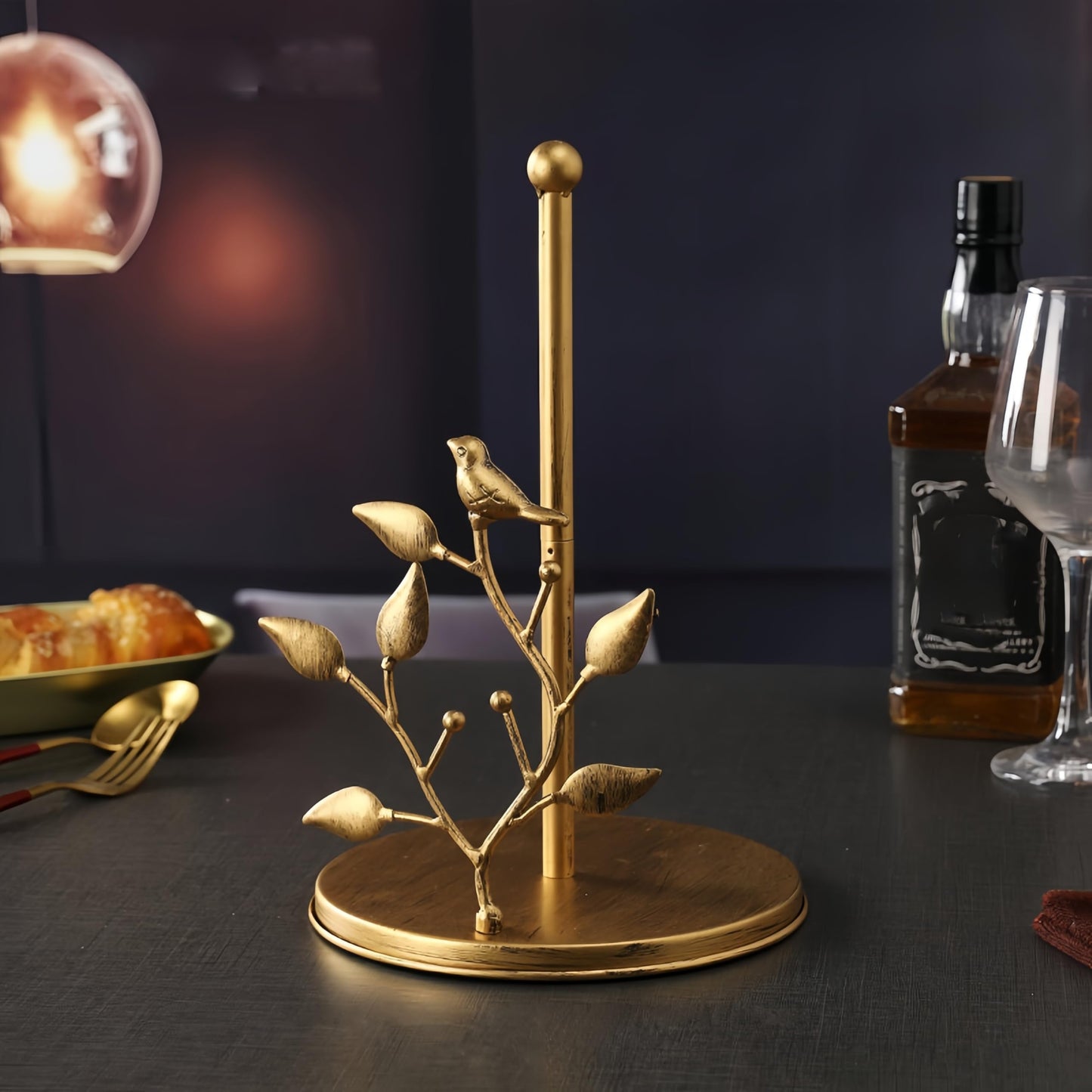 Rose Gold Paper Towel Holder Luxury Metal Kitchen Counter Decor Artistic Design Standing Tissue Dispenser for Table Dining Living Room Bar café 7x11 Inch (Gold Bird)