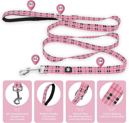 NESTROAD Dog Collar and Leash Set,Soft Neoprene Pet Collar with Quick Release Buckle,Adjustable Nylon Dog Collars for Small Medium Large Dogs(Large,Cherecked Pink)