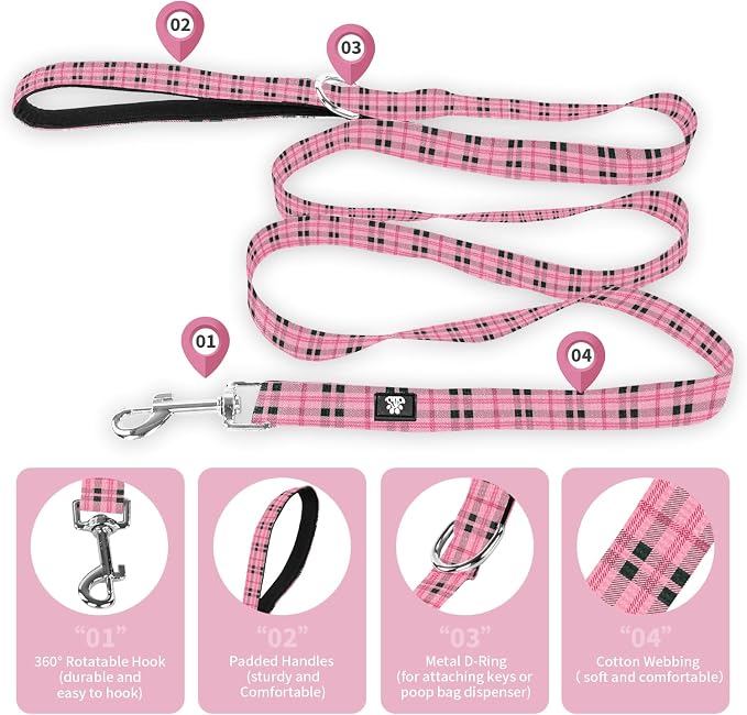 NESTROAD Dog Collar and Leash Set,Soft Neoprene Pet Collar with Quick Release Buckle,Adjustable Nylon Dog Collars for Small Medium Large Dogs(Small,Cherecked Pink)