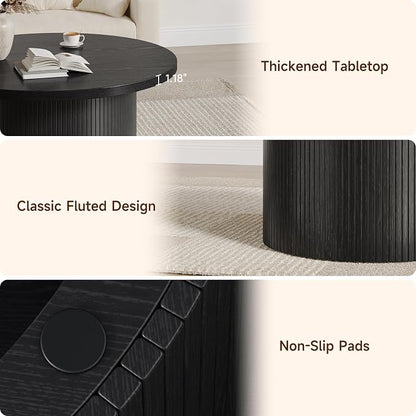 31.5" Round Coffee Table, Mid Century Modern Fluted Tambour Coffee Table, Engineered Wood Small Circle Center Table, Drum Accent Modern Living Room Table, Black