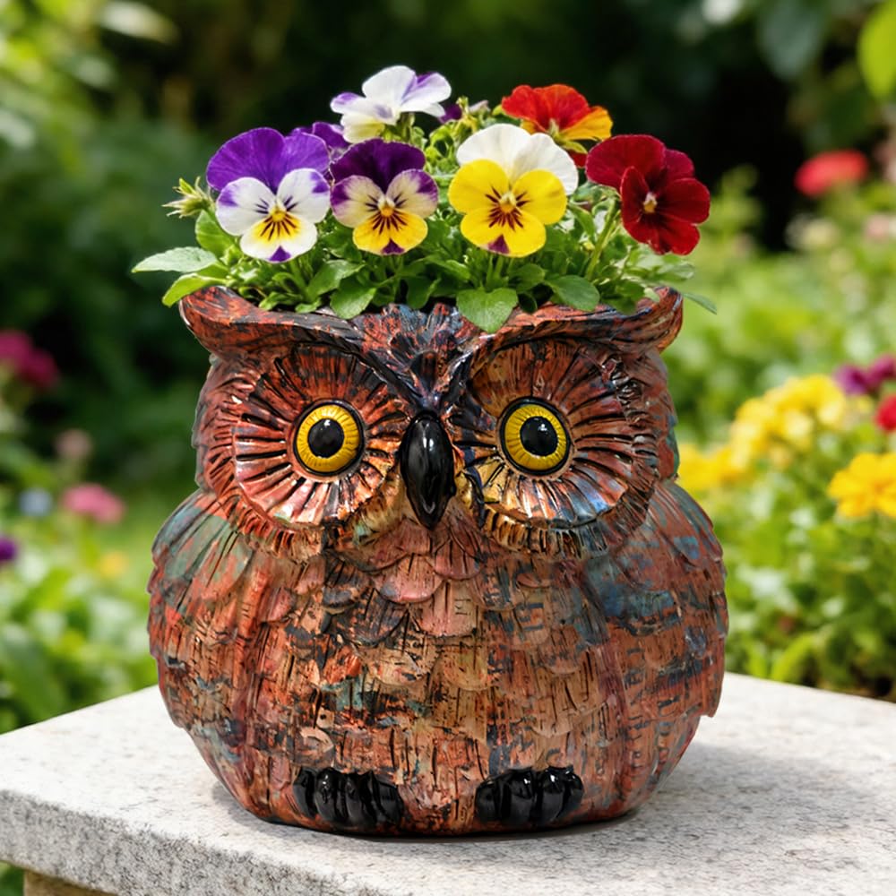 Owl Planter, Owl Plant Pot, Bird Figurine Flower Pots with Drainage for Succulent Cactus Small Herbs, Unique Makeup Brush Holder, Farmhouse Animal Statue for Home Office Decor, Garden Gifts for Women