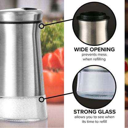 Salt and Pepper Shaker Set, Stainless Steel & Glass Spice Shakers, Adjustable Pour Holes, Refillable Salt & Pepper Dispensers for Kitchen & Dining Table Set of 2 Bottles