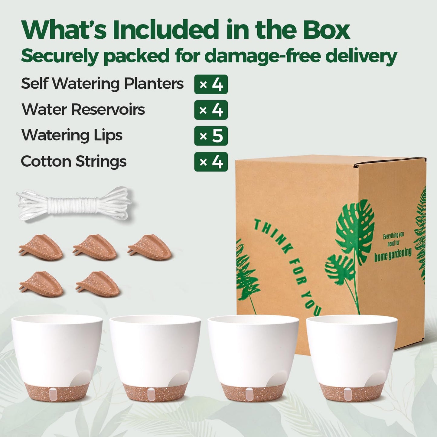 T4U 4 Pack 6 Inch Self Watering Pots - Water Level Indicator & Deep Reservoir, Mess-Free Planter for Busy People, Beginners & Gardeners, Fit Herbs/Pothos/Succulents Plants, Indoor Outdoor Use (White)