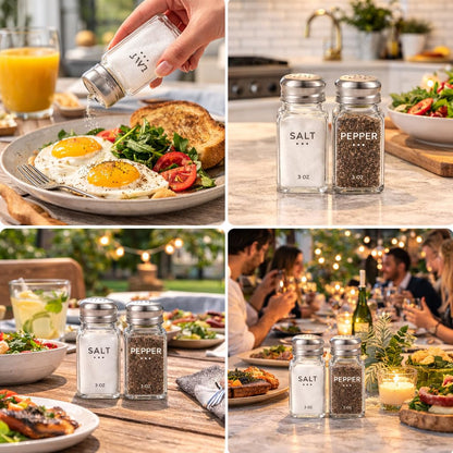 HESSION Salt Shaker and Pepper Shaker Set of 4, Refillable Glass Spice Shakers with Holes and Lids, Stainless Steel Spice Dispenser, Modern Kitchen Decor Seasoning Containers for Dining Table (3oz)