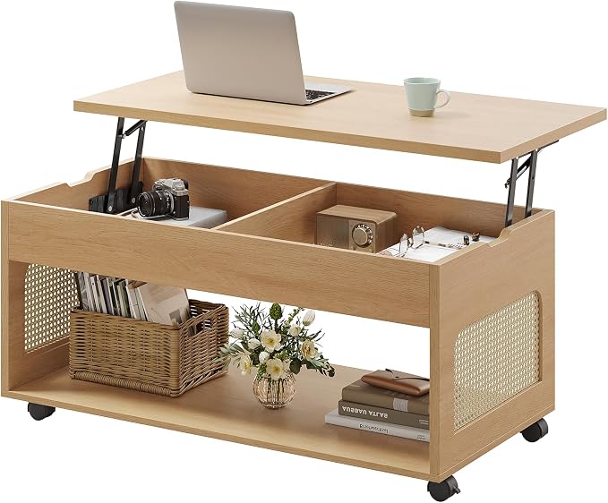 Sikaic Lift Top Coffee Table with Storage, Boho Rattan Convertible Coffee Tables with Lockable Wheels, Hidden Compartment and Open Shelf, Center Table for Living Room, Bedroom, Dining Room, Natural