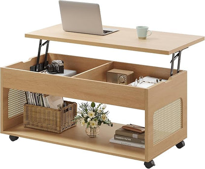 Sikaic Lift Top Coffee Table with Storage, Boho Rattan Convertible Coffee Tables with Lockable Wheels, Hidden Compartment and Open Shelf, Center Table for Living Room, Bedroom, Dining Room, Natural