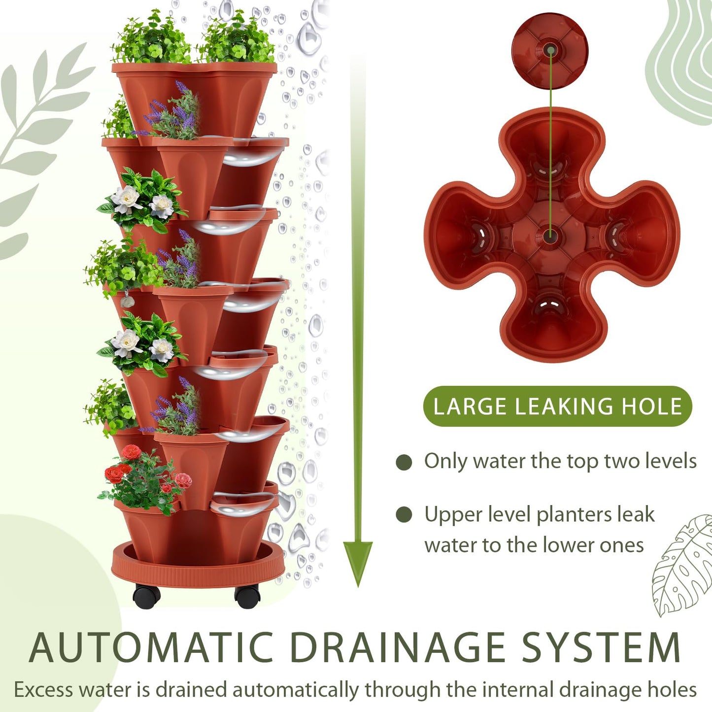 Umigy 2 Set of 7 Tier Vertical Planter Stackable Tower Planters Strawberry Herb Flower and Vegetable Pots Indoor Outdoor Gardening Pots with Removable Wheels and Tools(Brick Red)