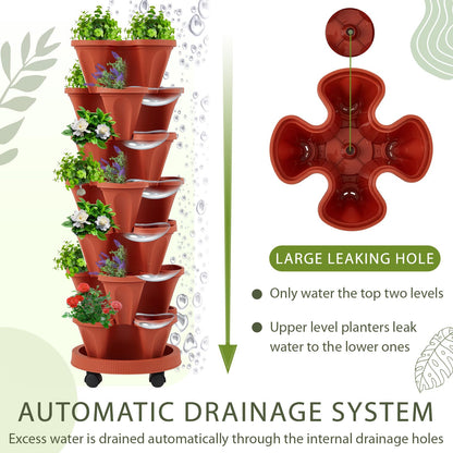 Umigy 2 Set of 7 Tier Vertical Planter Stackable Tower Planters Strawberry Herb Flower and Vegetable Pots Indoor Outdoor Gardening Pots with Removable Wheels and Tools(Brick Red)