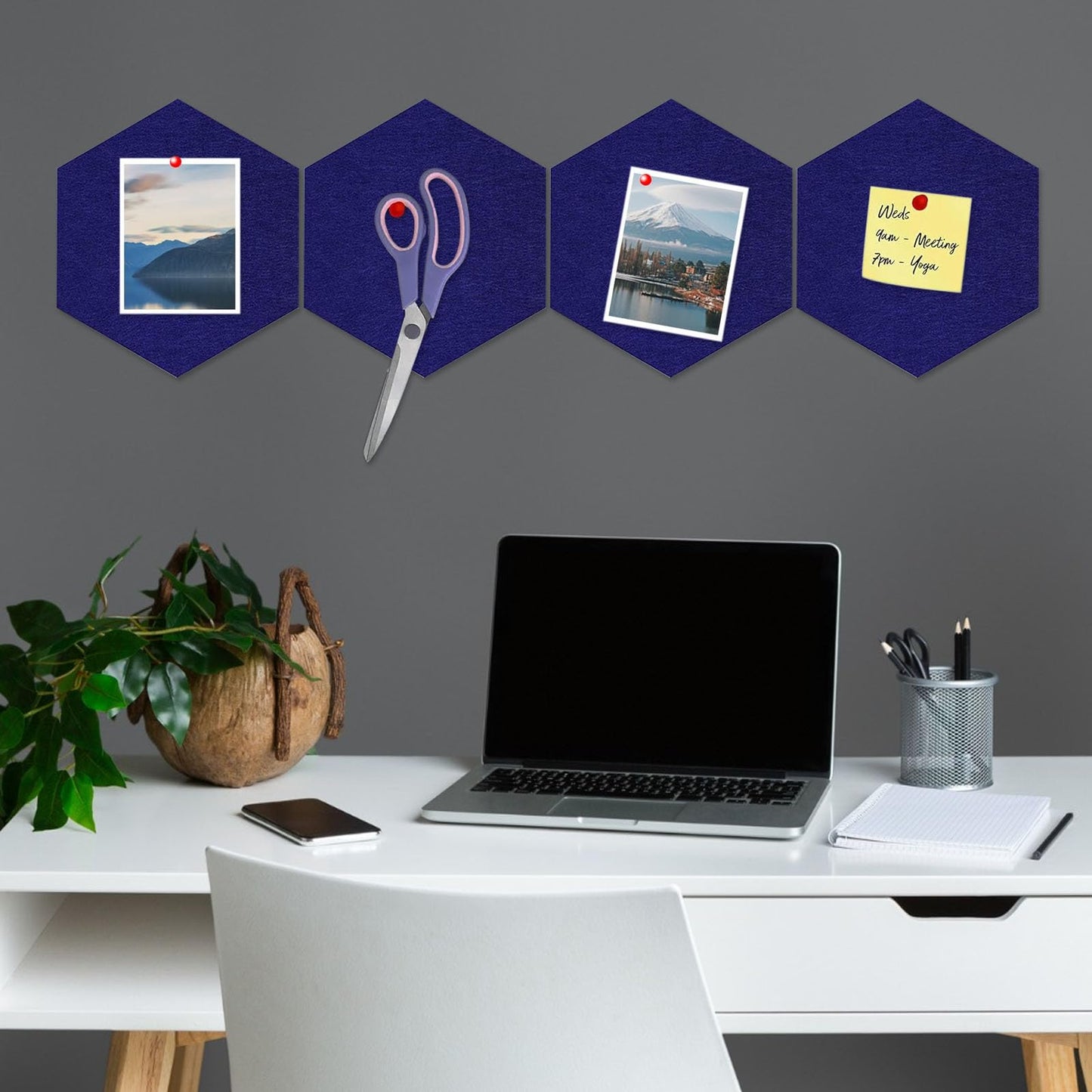 8 Packs Royal Blue Hexagon Felt Pin Board, 12" Bulletin Board with 30 Push Pins, Felt Board for Home Kitchen Office Decor, Self-Adhesive Corkboard Tiles for Walls Message Photos Memos Display