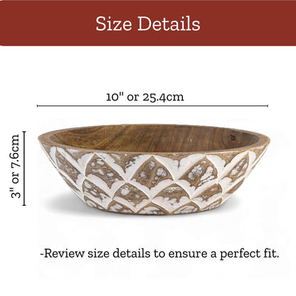 Mie Creations 10'' Decorative Wooden Bowl, Wood Serving Bowl for Fruits, Salad, Desserts, Snacks, Popcorn, Kitchen Counter | Rustic Table Centerpiece Thanksgiving Christmas Decor- 10x3 inch Whitewash