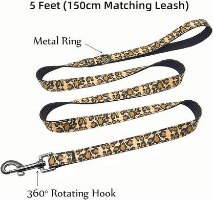 Dog Collar Leash Set, Leopard Pattern, Nylon Webbing Plus Cotton Ribbon, 5ft Matching Leash, for Small Dogs.(S, Brown Leopard)
