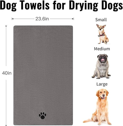 Puomue 2 Pack Microfiber Dog Towels for Drying Dogs, Super Absorbent and Soft Pet Towels for Dogs or Cats, 40''X23.6'', Pet-Friendly, Perfect for Pets of Different Sizes and Fur Types, Grey
