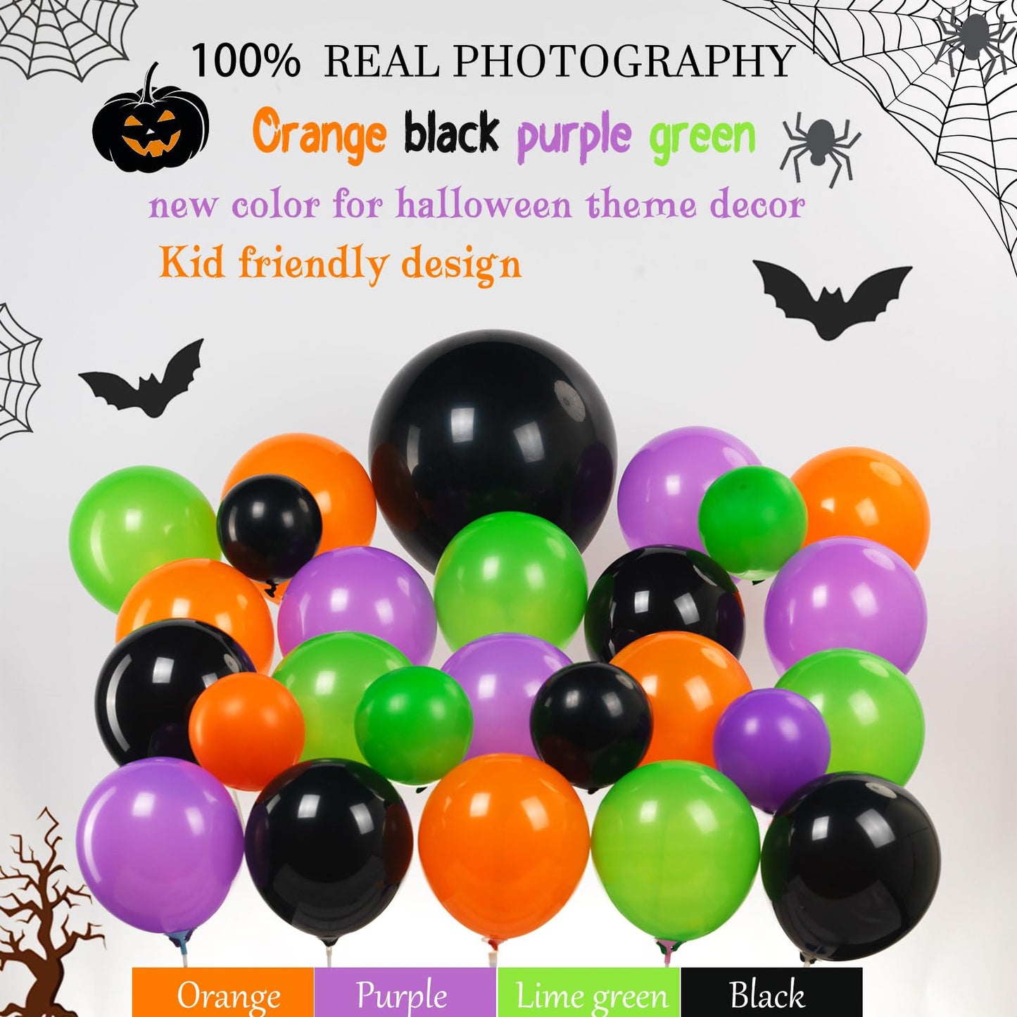 Halloween Balloon Garland Arch Kit 100+pcs Orange and Black Purple green balloons with Spooky Bat Pumpkin foil Balloons spider web for fall Halloween Party spooky-themed birthday Decorations