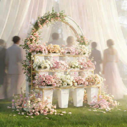 Flower Display Stands With Buckets, With 12pcs Buckets, 3-Tier Rolling Flower Bar,Heavy Duty Metal Flower Cart,For Indoor/Outdoor Use, Wedding Decor & Florist Displays (B - Gold frame, white bucket)