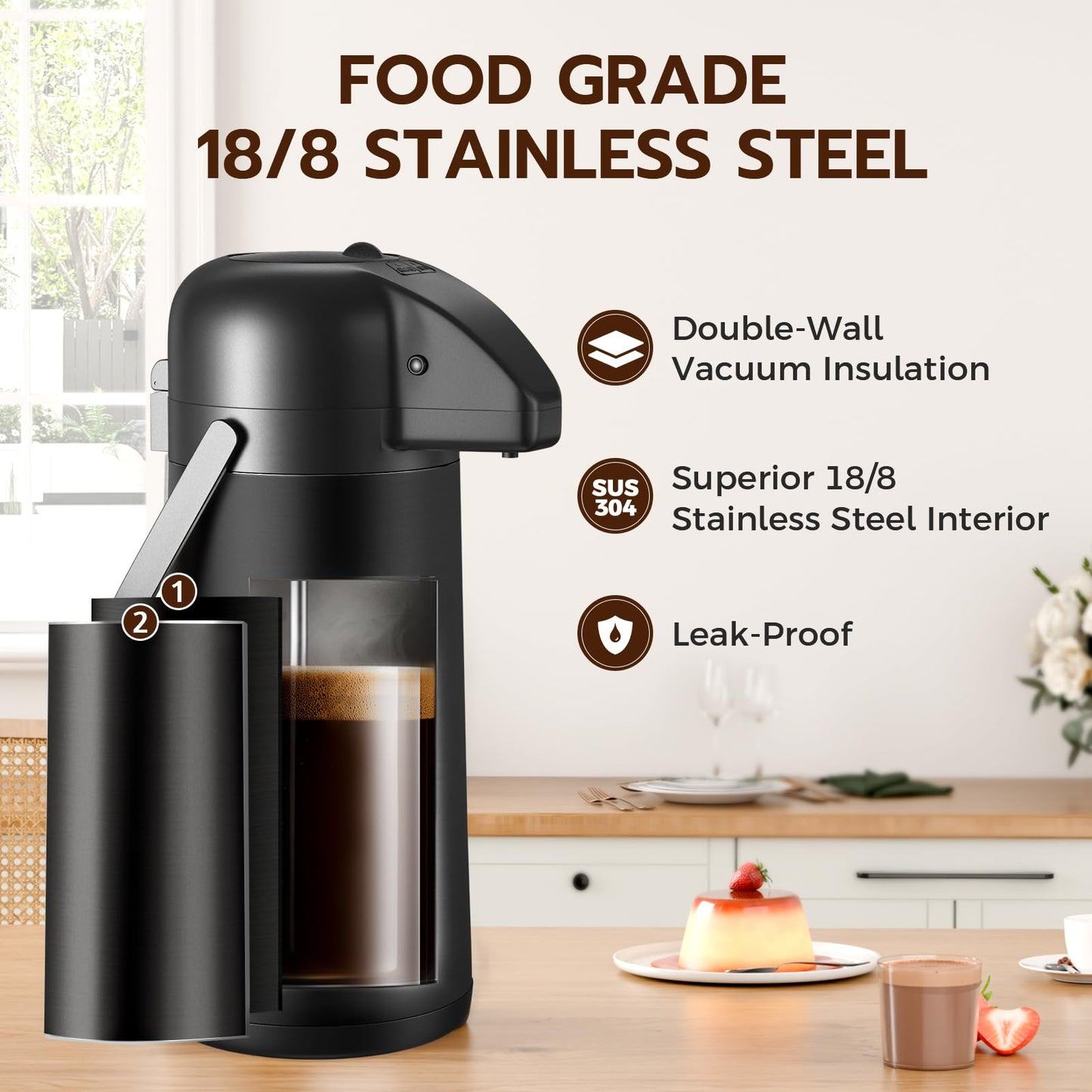 Coffee Carafe for Keeping Hot - Gezoss 102OZ / 3L Airpot Coffee Dispenser with Pump - Large Coffee Carafe for Hot Drinks Tea Liquid - Insulated Stainless Steel Hot Water Beverage for Parties,Black