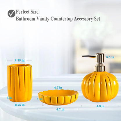 Ceramic Bathroom Accessories Set of 3, Thanksgiving Pumpkin Bathroom Decor, Fall Bathroom Sets Complete -Toothbrush Holders, Soap Dispenser, Soap Dish, Bathroom Organizer for Countertop