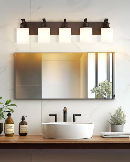JAZAVA 5 Light Bathroom Vanity Light Oil Rubbed Bronze Metal Wall Sconce with Milky White Frosted Shade Model ZCVL01ORBW-5
