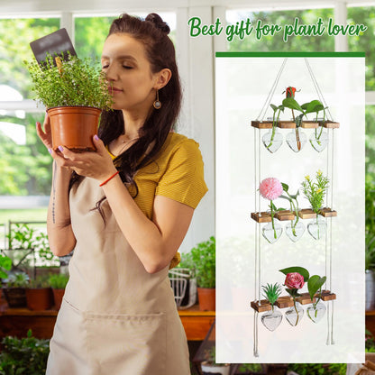 Leinuosen Wall Hanging Plant Propagation Stations Mother Gifts for Her Plant Lovers 3 Tiered 9 Heart Shaped Glass Vases Terrarium with Wooden Stand for Hydroponics Indoor Garden Home Decor(Clear)