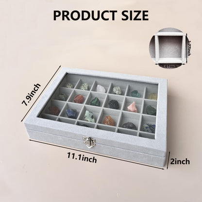 HEMYLU Rock Collection Display Case, Crystal Storage Box with 24 Grids and Gem Knowledge Handbook for Kids, Gem and Stone Collection Case for Display