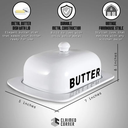 Metal Storage Canisters and Containers for Home and Kitchen Organization, Function, and Decor (White Butter Dish)