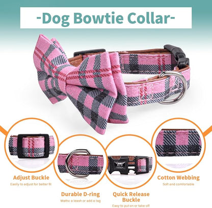 IVY&LANE Dog Collar with Bowtie and Leash Set | Plaid Adjustable Dog Collar | Detachable Bow Tie |5 FT Dog Leash | for Small Medium Large Dogs | Checkered Pink | Small