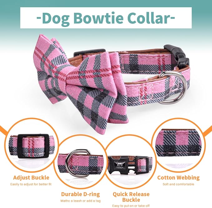IVY&LANE Dog Collar with Bowtie and Leash Set | Plaid Adjustable Dog Collar | Detachable Bow Tie |5 FT Dog Leash | for Small Medium Large Dogs | Checkered Pink | X-Small