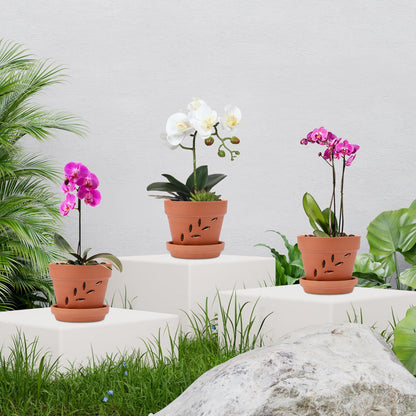 JUXYES 6 Pack Small Terracotta Orchid Pots with Holes and Saucers, Clay Orchid Planter Pots for Repotting, Plant Flower Pots for Orchid Indoor and Outdoor Promotes Air Circulation, 4 Inches
