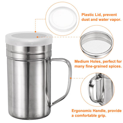 HARFINGTON Salt Dredge Shakers 14 Ounce Stainless Steel Spice Shakers with Handle and Lid for Salt Sugar Flour