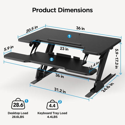 HUANUO 36" Z Shaped Stable Electric Standing Desk Converter, Height Adjustable Sit Stand Up Desk Riser, Dual Monitor and Laptop Workstation with Wide Keyboard Tray, Desk Lifter for Home Office