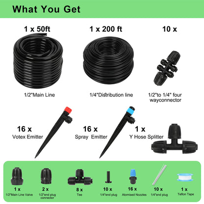 250FT Drip Irrigation Kit – 2026 New Quick-Connect Micro Irrigation System with 1/4'' 1/2'' Tubing, Locking Nozzle Emitters, Adjustable Misting Sprayers for Gardens, Lawns,Raised Beds and Greenhouses