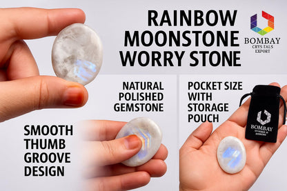 Natural Polished Thumb Palm Crystal for Meditation, Rainbow Moonstone Worry Stone for Stress Relief, Anxiety Support & Pocket Reiki Healing