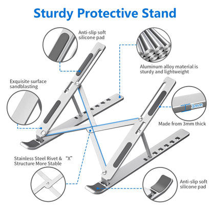 Sopholid Laptop Stand for Desk, Aluminum Metal MacBook Stand，Computer Riser for Desk, Portable Foldable Adjustable Notebook Holder, Compatible with 10-15.6 Inch Laptops, iPad, Silver.