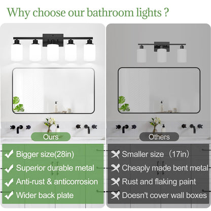 5-Light Bathroom Light Fixtures, Vanity Light with Milky White Shades, Matte Black Bathroom Light Fixtures Over Mirror, Modern Bathroom Wall Lamp for Mirror Living Room Cabinet Bedroom
