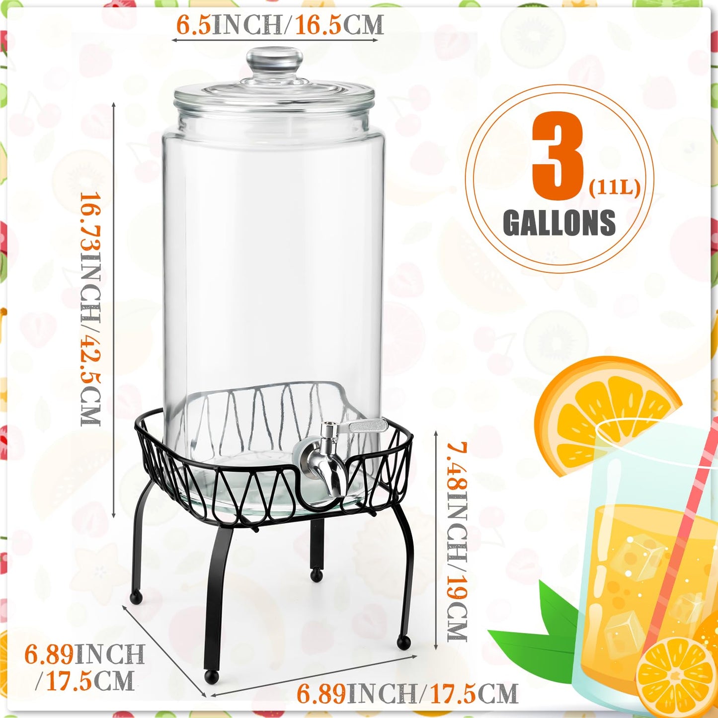 Honeydak 1 Pack 3 Gallon Glass Drink Dispenser for Parties Glass Beverage Dispenser with Stand and Spigot Leakproof Iced Water Storage Lemonade Juice Jar Mason with Lids for Wedding Parties Kitchen