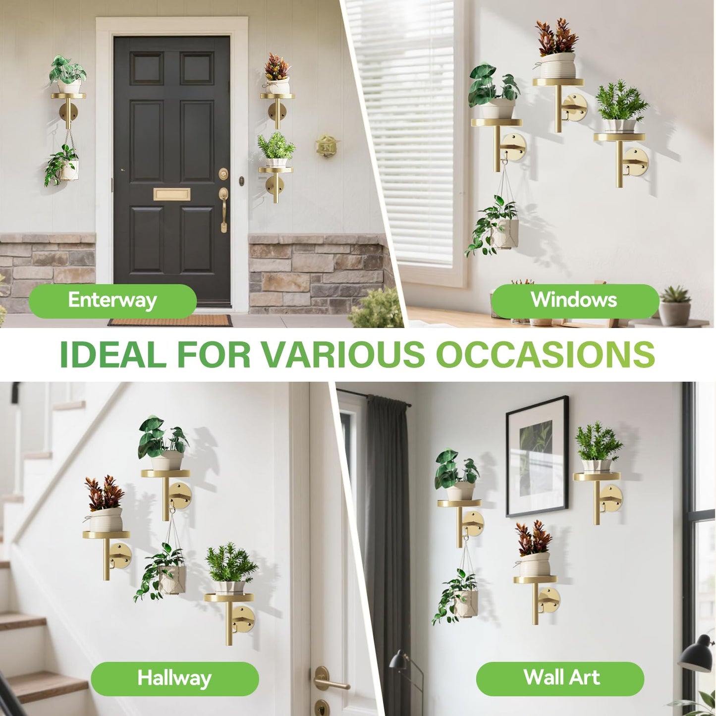 DELLAN Wall Plant Holder, 3 Pack Metal Wall Planters Stand Floating Shelves for Indoor Plants, Window Sill Plant Decor for Bedroom, Bathroom, Living Room, Home, Office, All Gold