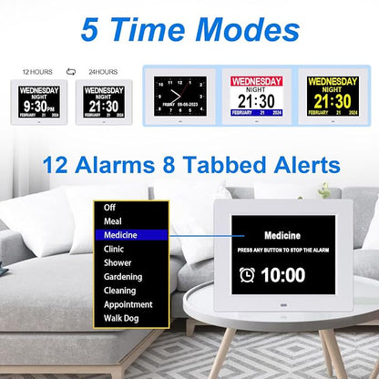 SSINI Dementia Clock Large Digital Calendar for Seniors with Date and Time - Elderly Digital Clock Large Display, 12 Custom Alarms (8 Inch)