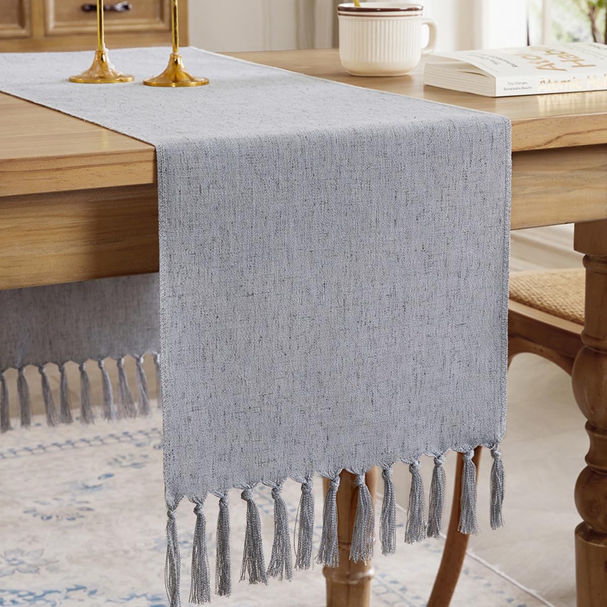 Aoztio Linen Style Rustic Table Runner, Farmhouse Cotton Linen Table Runner, Boho Table Runners 90 Inches Long with Hand Tassels for Home Tabletop Decor and Everyday Use - Silver Grey, 90 Inch