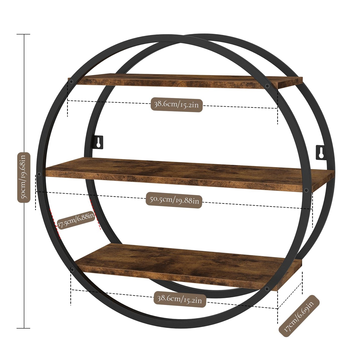 BCOZLUX Floating Shelves, 3 Tier Decorative Geometric Circle Metal and Wood Wall Shelves, Bathroom Shelf Round Wall Decor, Rustic Brown