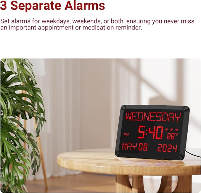 11.5” Extra Large Digital Wall Clock with Date and Day of Week , Electric Desk Clock for Seniors, Large Display Alarm Clock for Bedroom with Battery Backup, 5 Dimmer, 2 USB Ports, Indoor Temp, 12/24H
