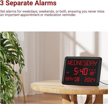 11.5” Extra Large Digital Wall Clock with Date and Day of Week , Electric Desk Clock for Seniors, Large Display Alarm Clock for Bedroom with Battery Backup, 5 Dimmer, 2 USB Ports, Indoor Temp, 12/24H