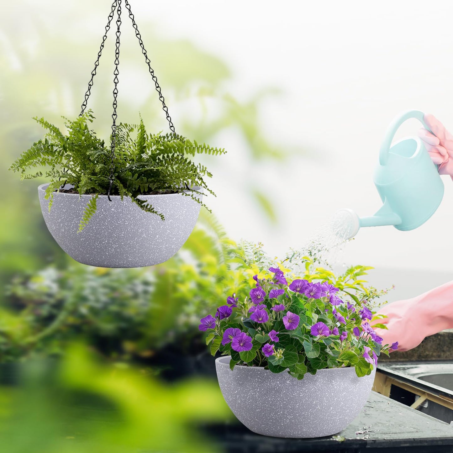WSMKSZ 10 inch Hanging Planters for Outdoor Indoor Plants with Drainage Holes and Chain, 2 Pack Round Hanging Flower Plant Pots for Garden Home Porch Decor, Speckled Grey