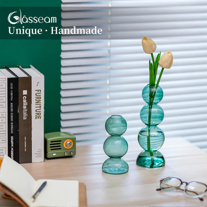 Glassseam Glass Vases for Flowers, Green Bud Vases for Decor, Cute Small Vase, Modern Aesthetic Vase, Unique Round Flower Vase, Decorative Bubble Vases for Centerpieces Wedding Table Decorations