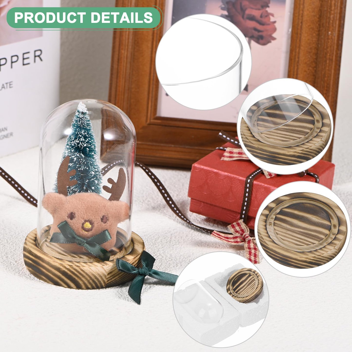M METERXITY Cloche Glass Dome, 3.9"x2.4" Glass Display Case with Wooden Base for DIY Snow Globes/Small Plants/Flowers/Candles/Models/Souvenirs, Tabletop Centerpiece [Burnt]